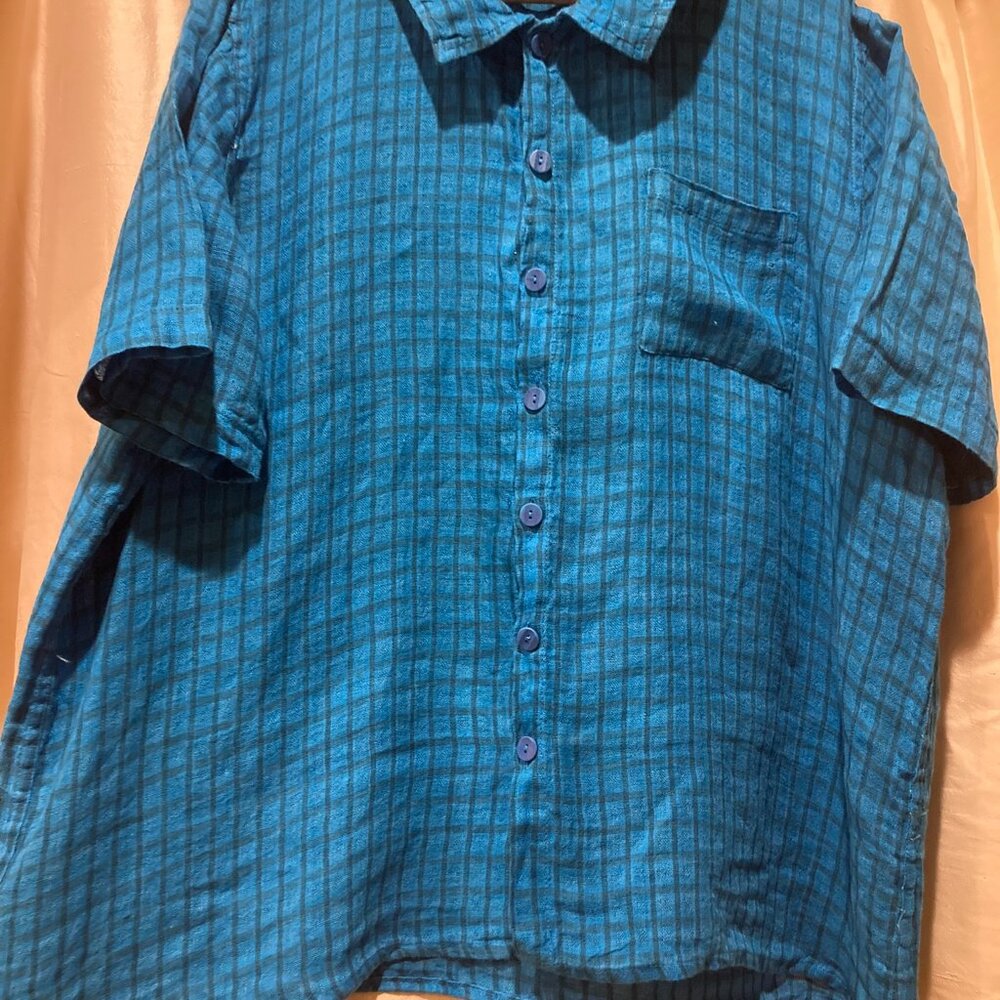 FLAX 100% Linen Large Button Top- Large Teal weave